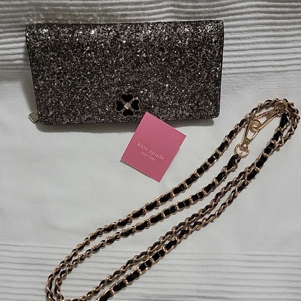 NWT Kate Spade NEWYORK legant Glitter Long Slim Wallete with Chain Strap‎